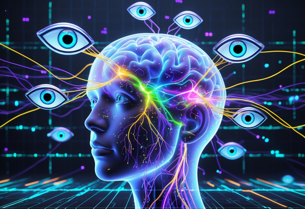 A 3D rendering of a human head with a glowing brain and multiple floating eyes around it, connected by bright neural pathways and surrounded by abstract digital patterns.