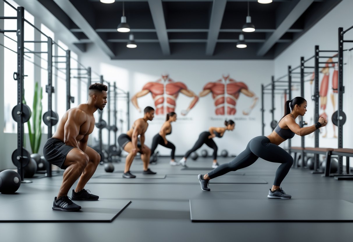 A gym scene showing athletes performing foundational strength and conditioning exercises focusing on efficient movement.