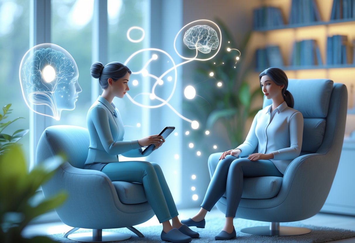 A calm therapy room with a therapist and client engaged in a session surrounded by soft glowing shapes symbolising mental health and emotional support.