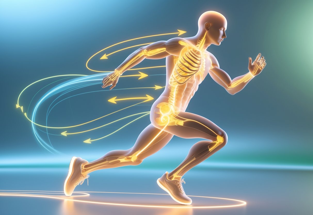 A 3D image of a person in motion showing energy flow through their body with glowing arrows and light trails to represent efficient movement.