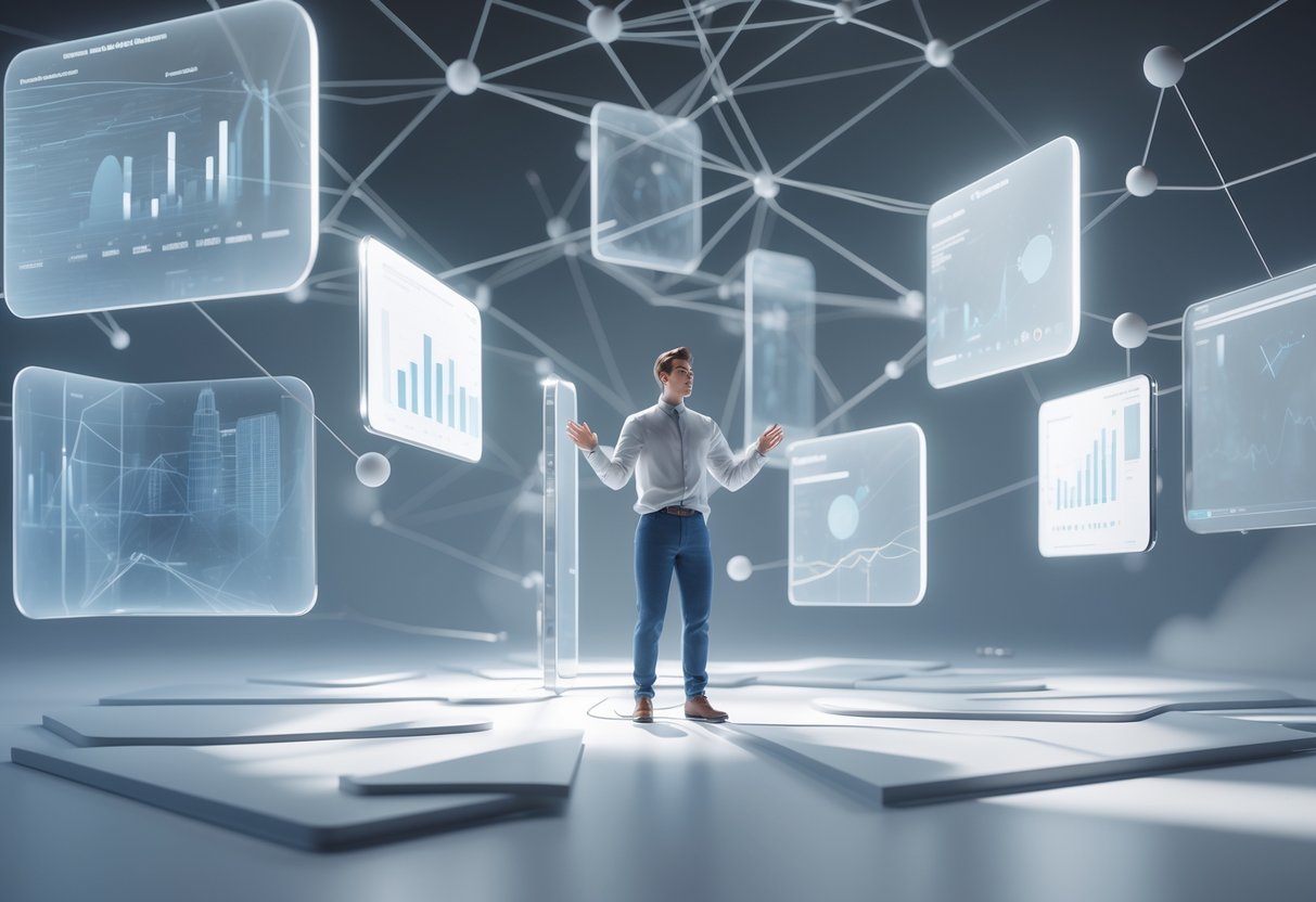 A person standing in the centre of a space filled with floating translucent screens and geometric shapes, surrounded by interconnected glowing lines and nodes.
