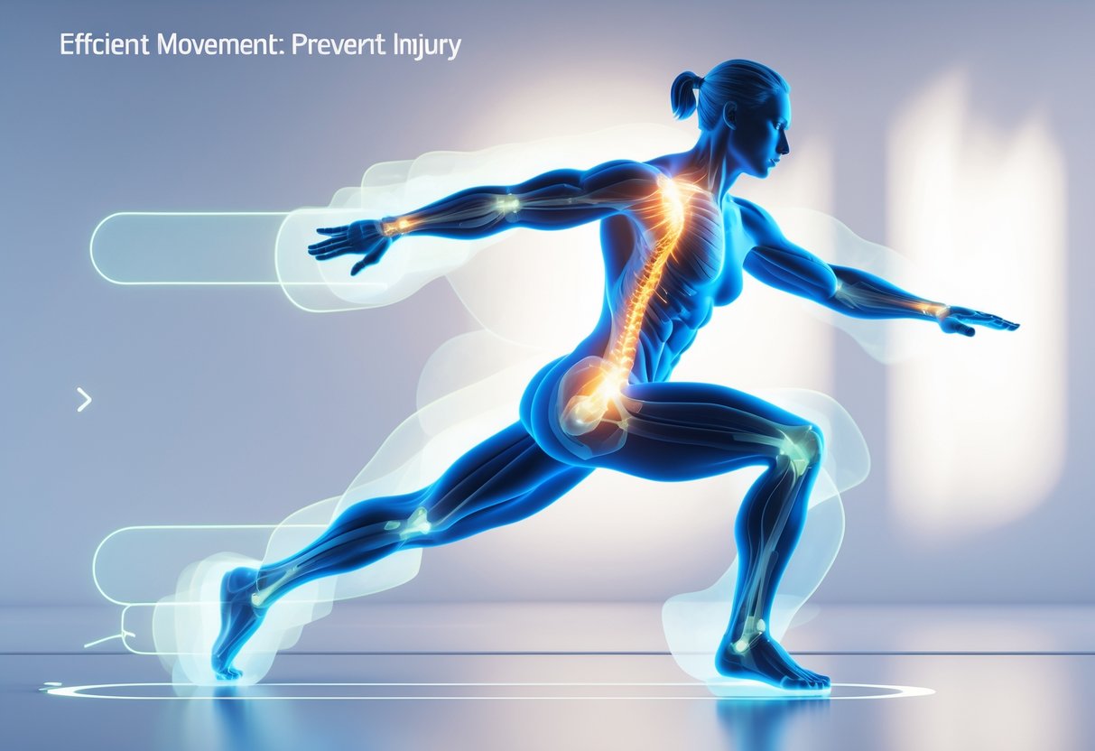 A 3D human figure in motion demonstrating proper posture and alignment to prevent injury, with highlighted muscles and joints showing efficient movement.