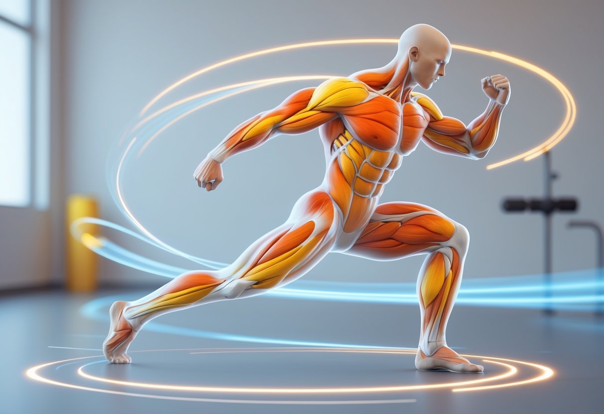 A human figure performing a functional exercise showing highlighted active muscles and smooth motion trails to illustrate muscle activation and efficient movement.