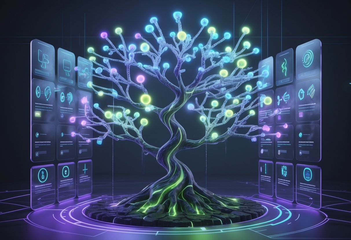A glowing tree-like structure with many branching paths and nodes representing different story decisions and outcomes, set against a dark background with digital grid patterns.