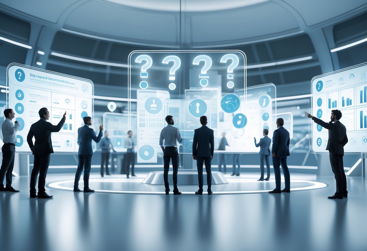 A group of people observing and interacting with floating holographic screens displaying question marks and data in a modern control room.