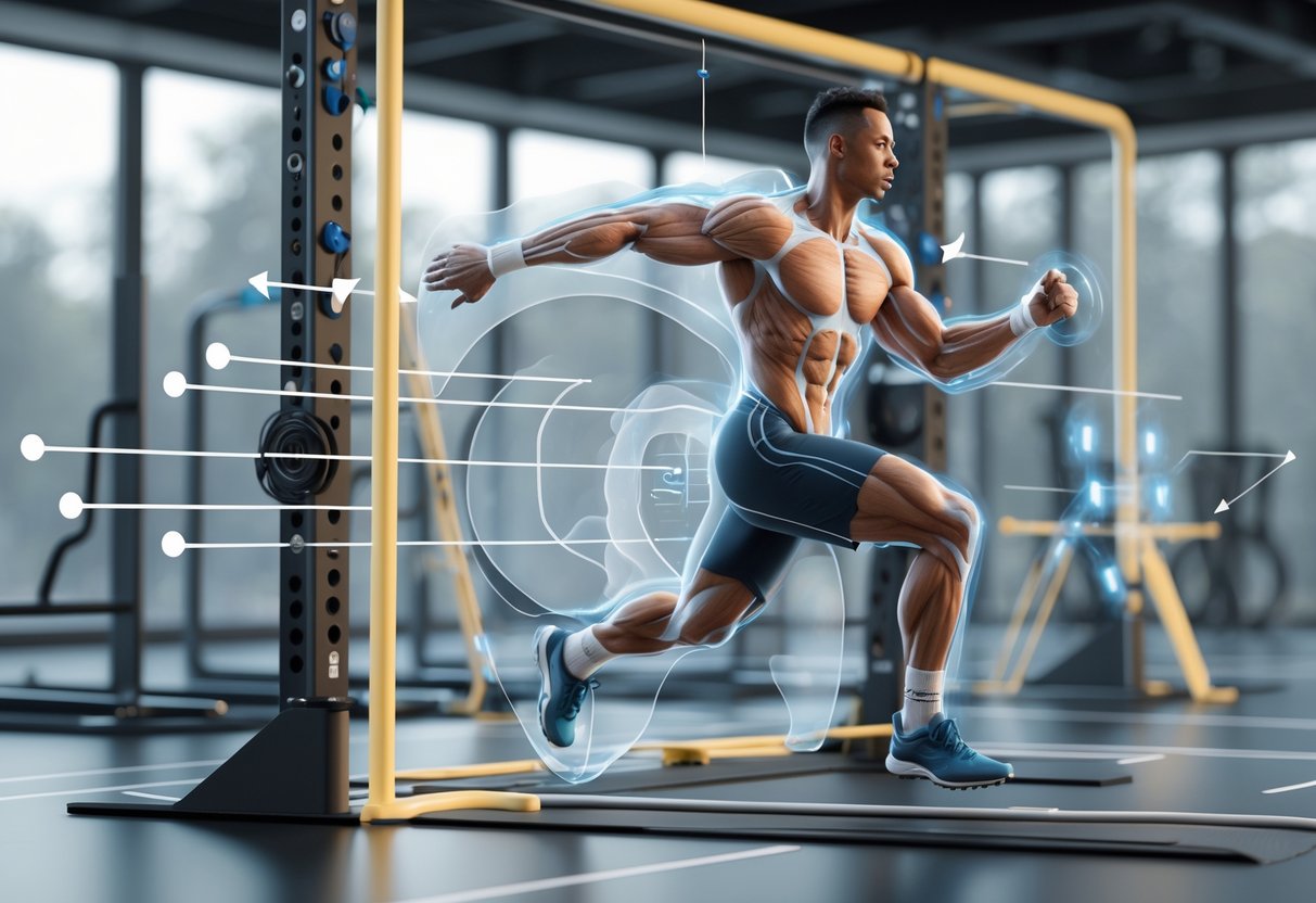 An athlete performing a sport-specific movement in a training facility, showing muscle activation and movement pathways to illustrate efficient athletic performance.