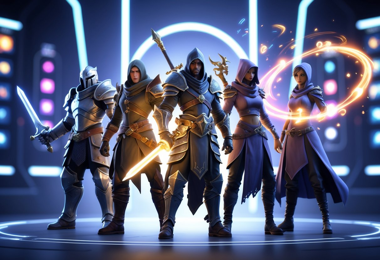 A group of fantasy characters including a knight, rogue, and mage with floating customisation options around them, set against a glowing interface background.