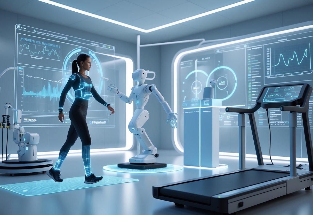 A person equipped with motion capture sensors surrounded by digital displays and scientific instruments analysing movement efficiency in a laboratory.