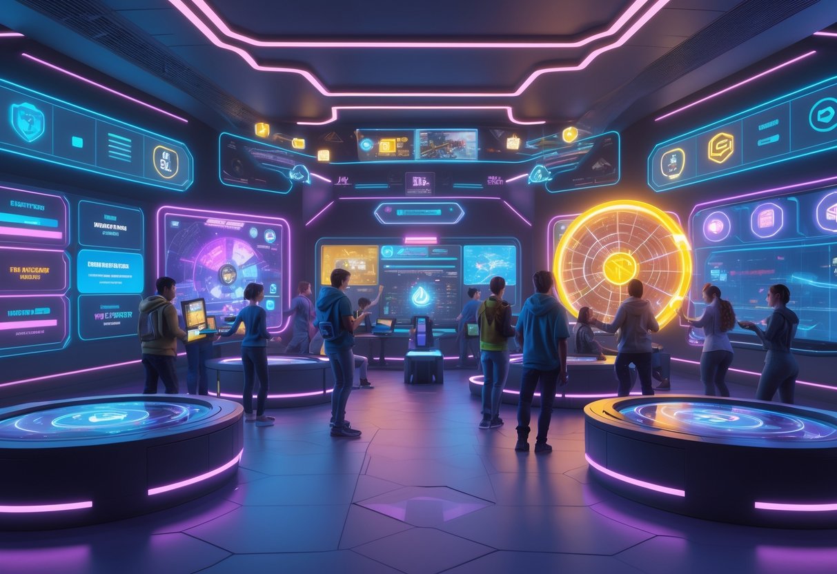 A futuristic gaming hub with players interacting in different game modes surrounded by glowing panels and reward icons.