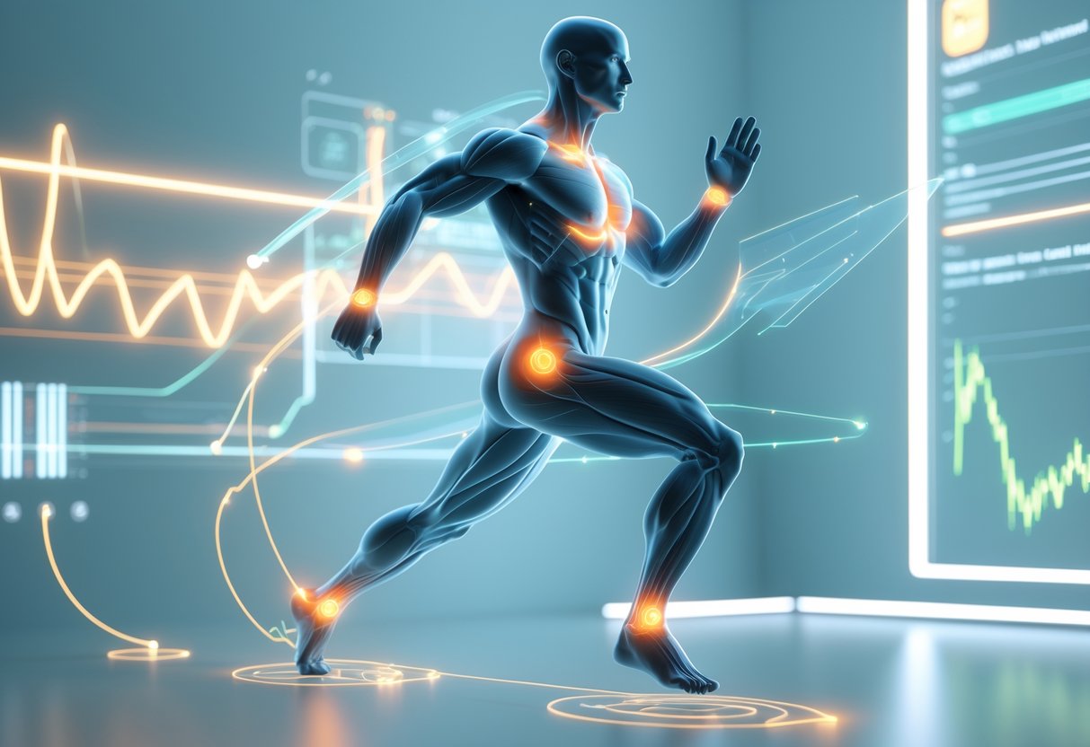 A 3D rendering of a human figure in mid-stride with glowing arrows showing efficient movement paths in a futuristic lab setting.