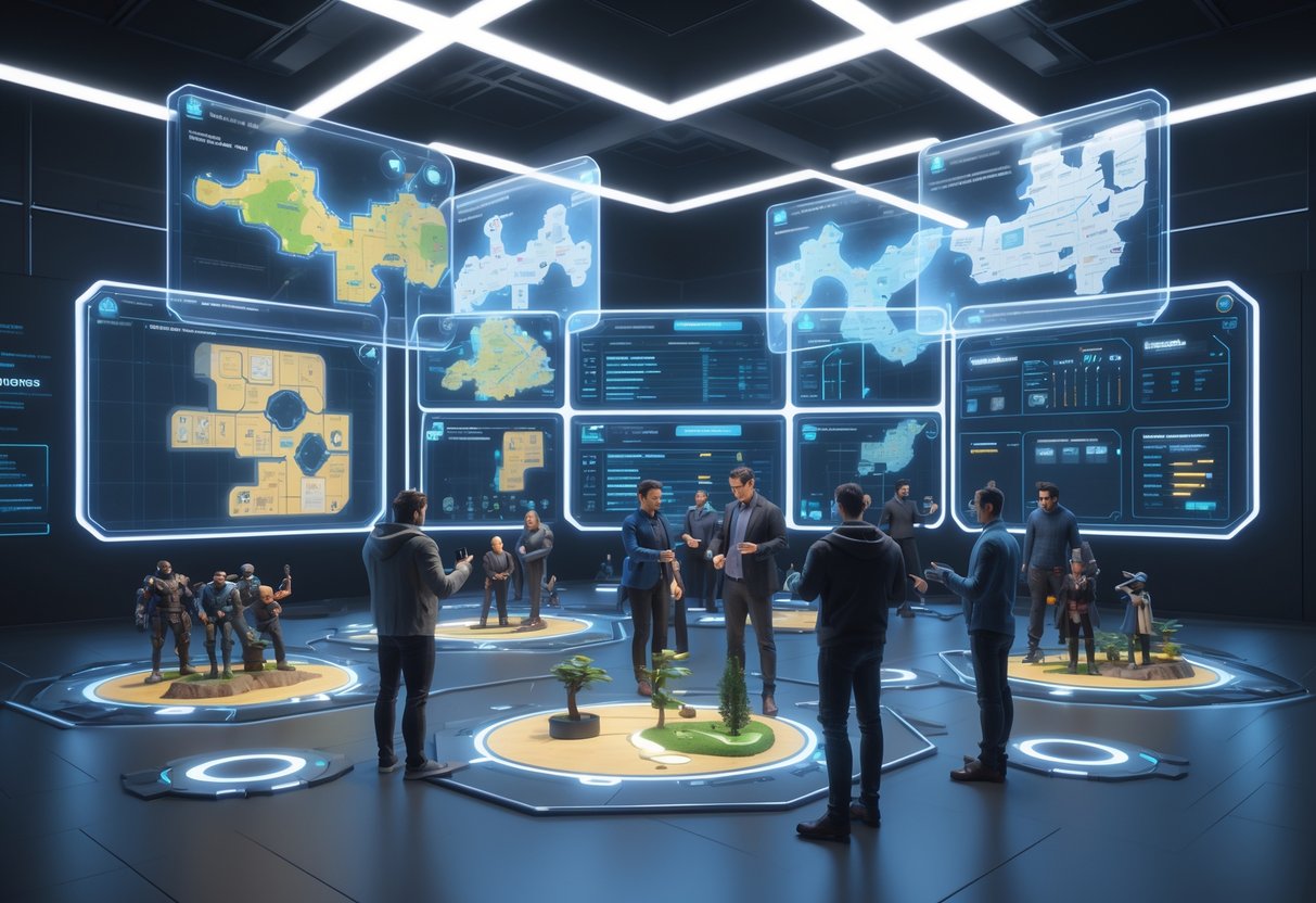 A futuristic game development studio with holographic screens showing evolving game maps and storylines, developers interacting with virtual interfaces, and 3D models of characters and environments changing to represent player choices.