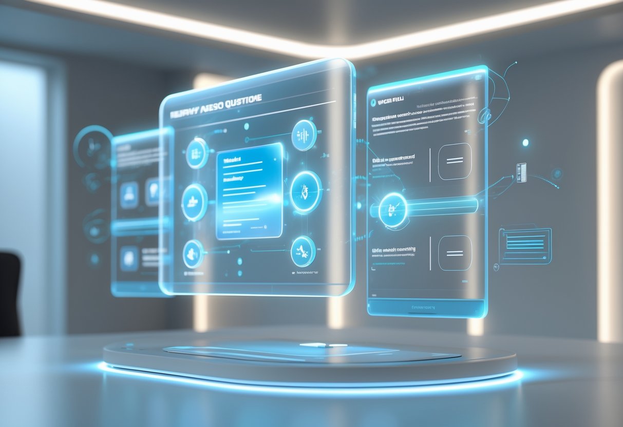 A futuristic digital interface showing interactive question and answer panels floating in a modern workspace.