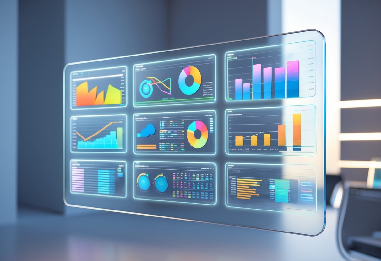 A futuristic digital dashboard with floating transparent panels showing colourful graphs and charts in a modern workspace.