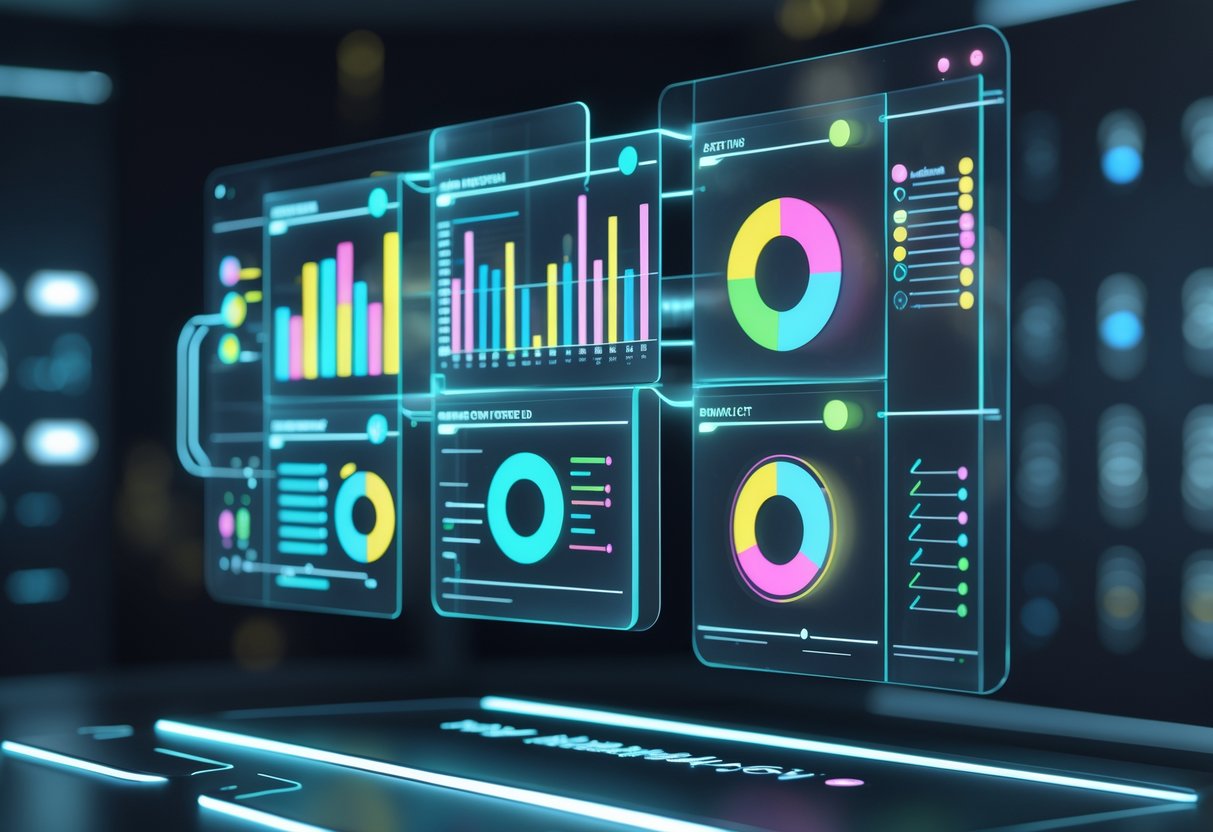A 3D holographic dashboard showing multiple colourful graphs and toggle switches floating in a dark high-tech environment.