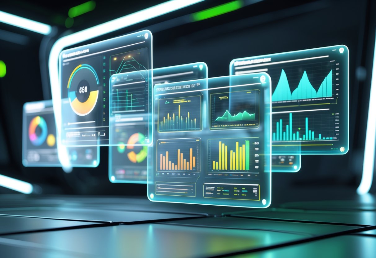 A futuristic digital dashboard with floating holographic panels showing abstract graphs and icons representing performance and resource monitoring.