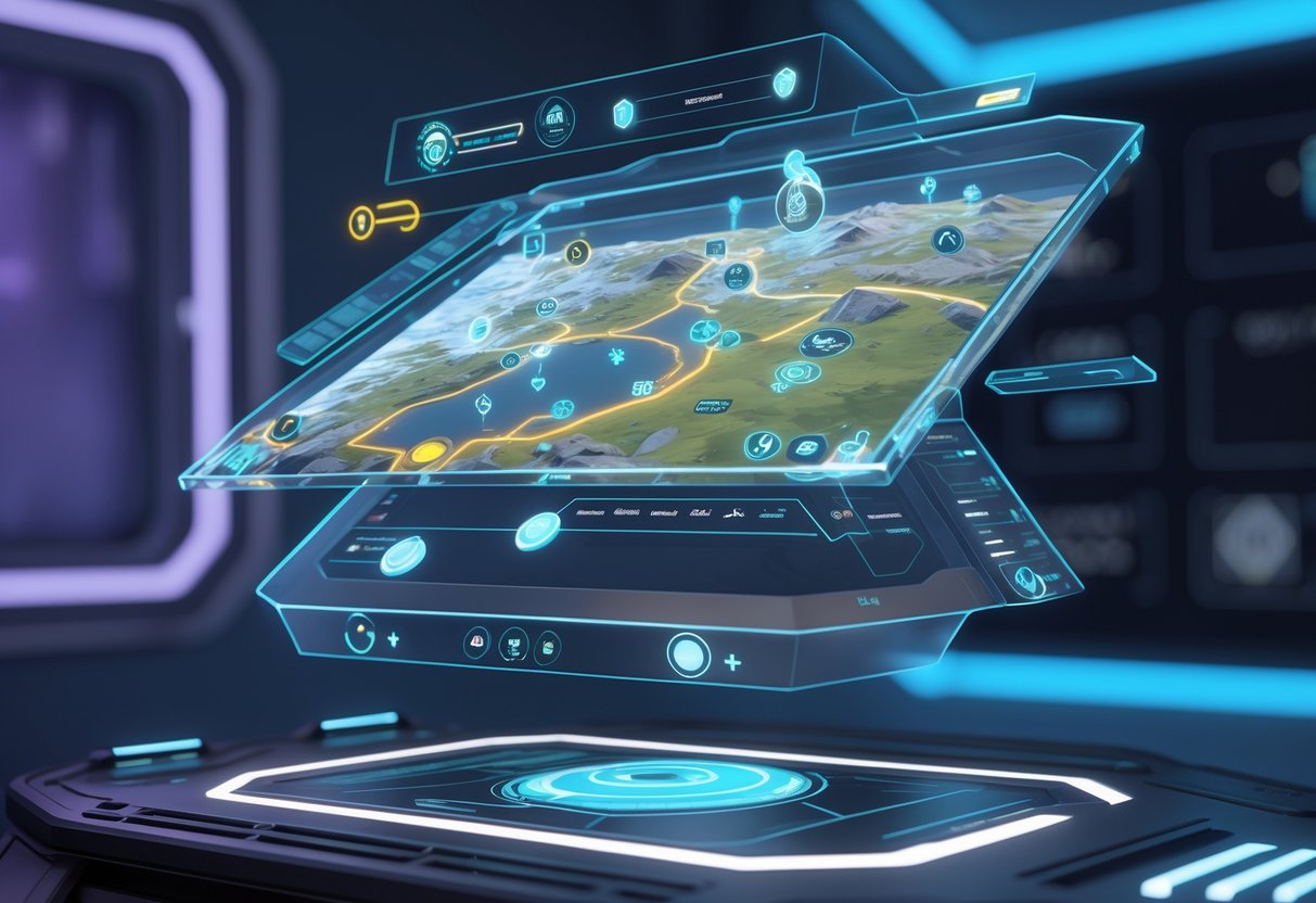 A 3D holographic minimap showing terrain, landmarks, player positions, and interactive markers above a control panel in a dimly lit room.