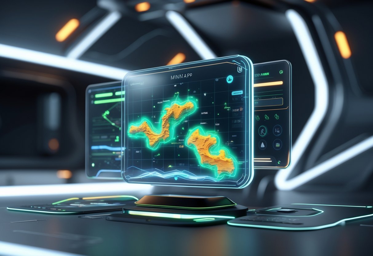A 3D scene showing a futuristic digital dashboard with a glowing minimap and surrounding user interface elements.