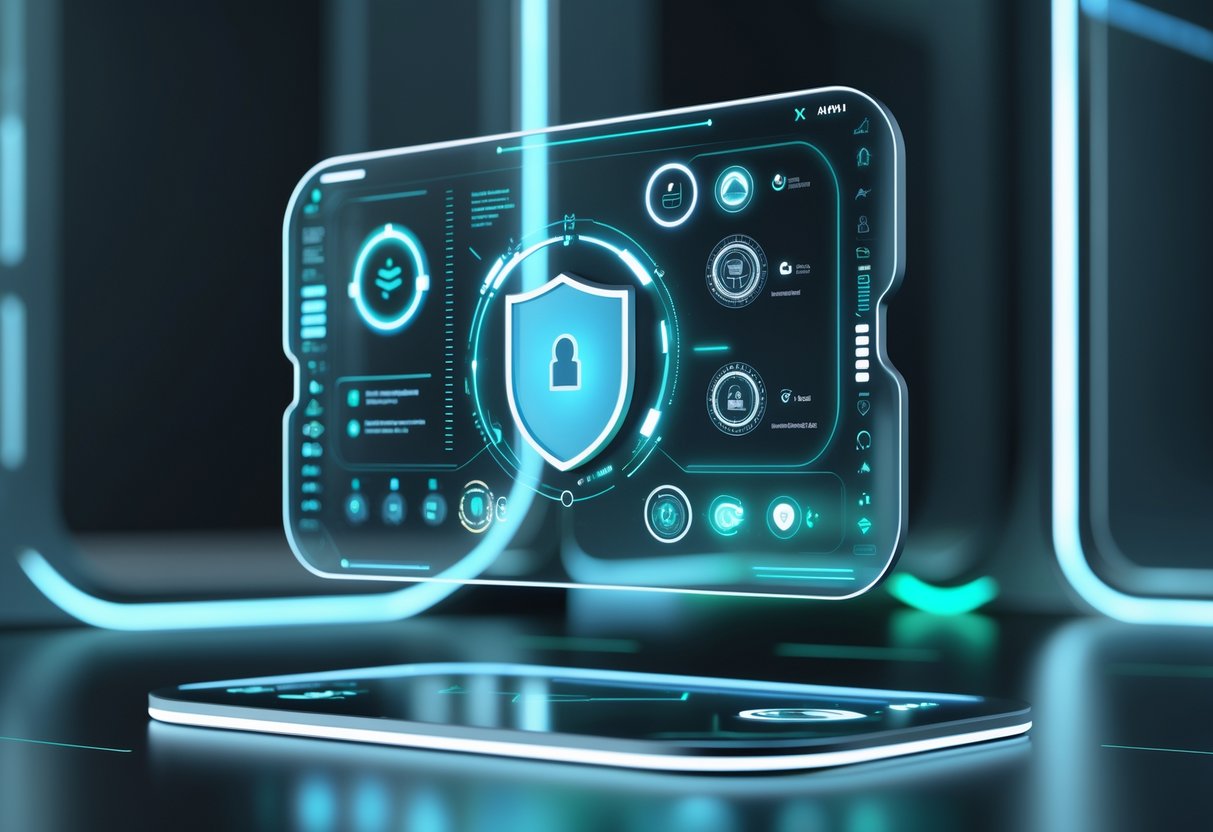 A 3D digital interface showing floating holographic controls for privacy and data management settings in a dark environment with glowing blue and green lights.