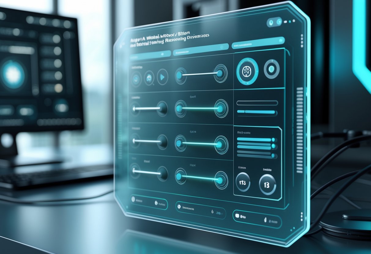 A 3D scene showing a futuristic holographic interface with interactive controls floating above a modern workspace.