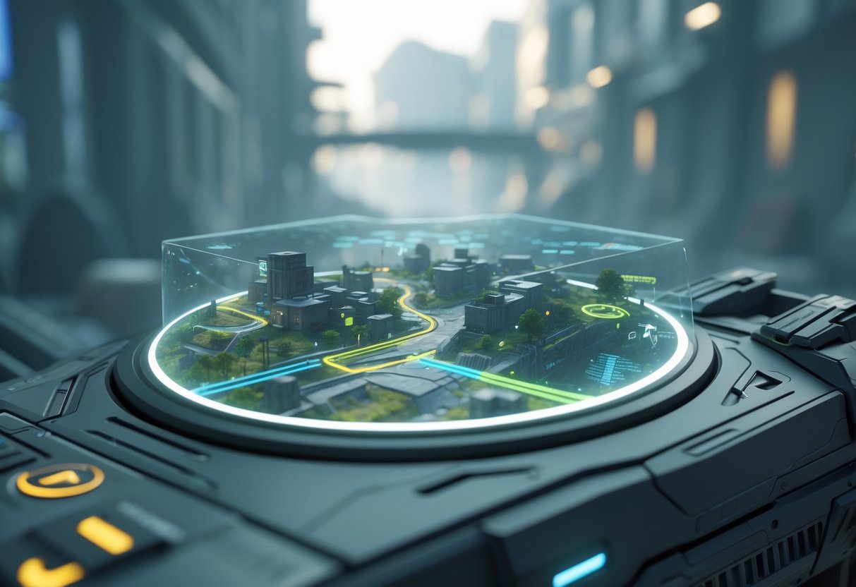 A 3D view of a video game screen showing a circular minimap in the bottom left corner with detailed terrain and markers, set against a blurred urban battlefield background.
