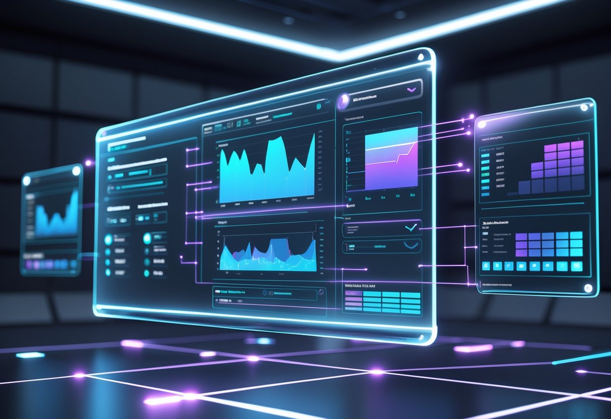 A 3D scene showing a futuristic holographic interface with multiple layered panels and glowing connections representing advanced settings and automation.