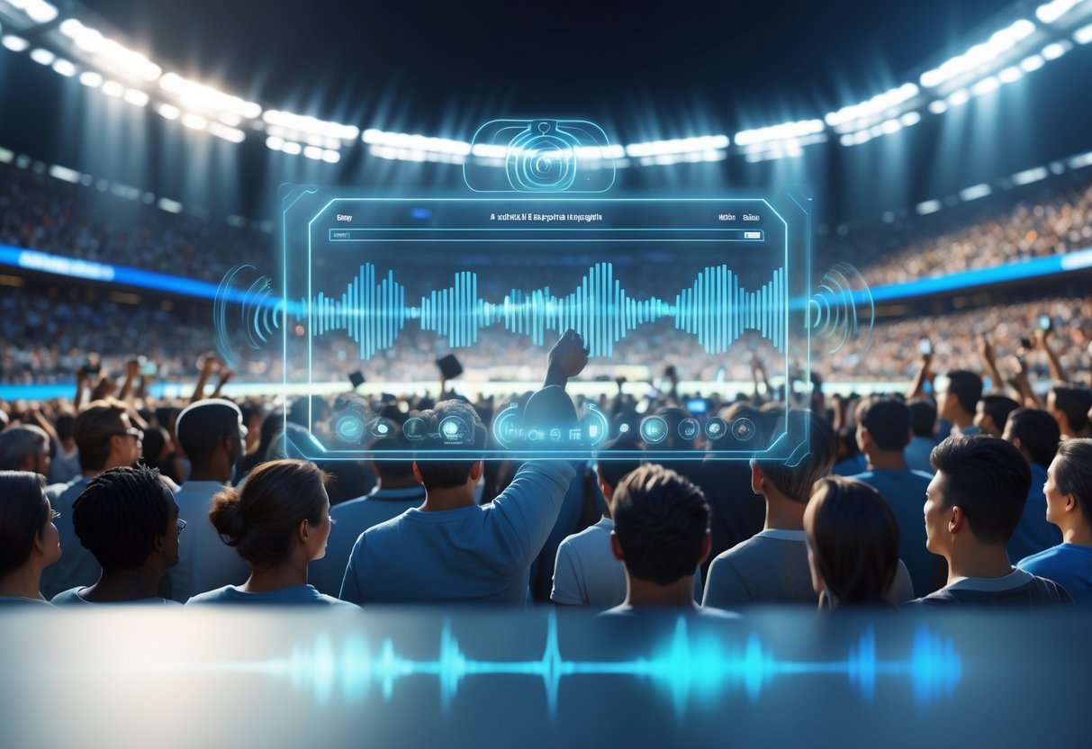 A sports stadium with a large crowd showing mixed reactions, with digital sound waves and audio controls floating above the spectators.
