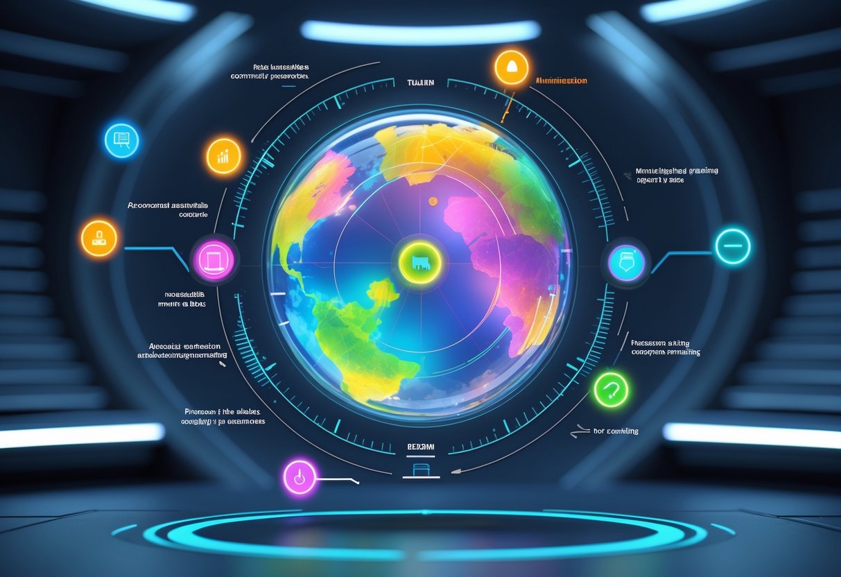 A 3D digital minimap with interactive icons and sliders showing accessibility and customisation features in a dark control room.