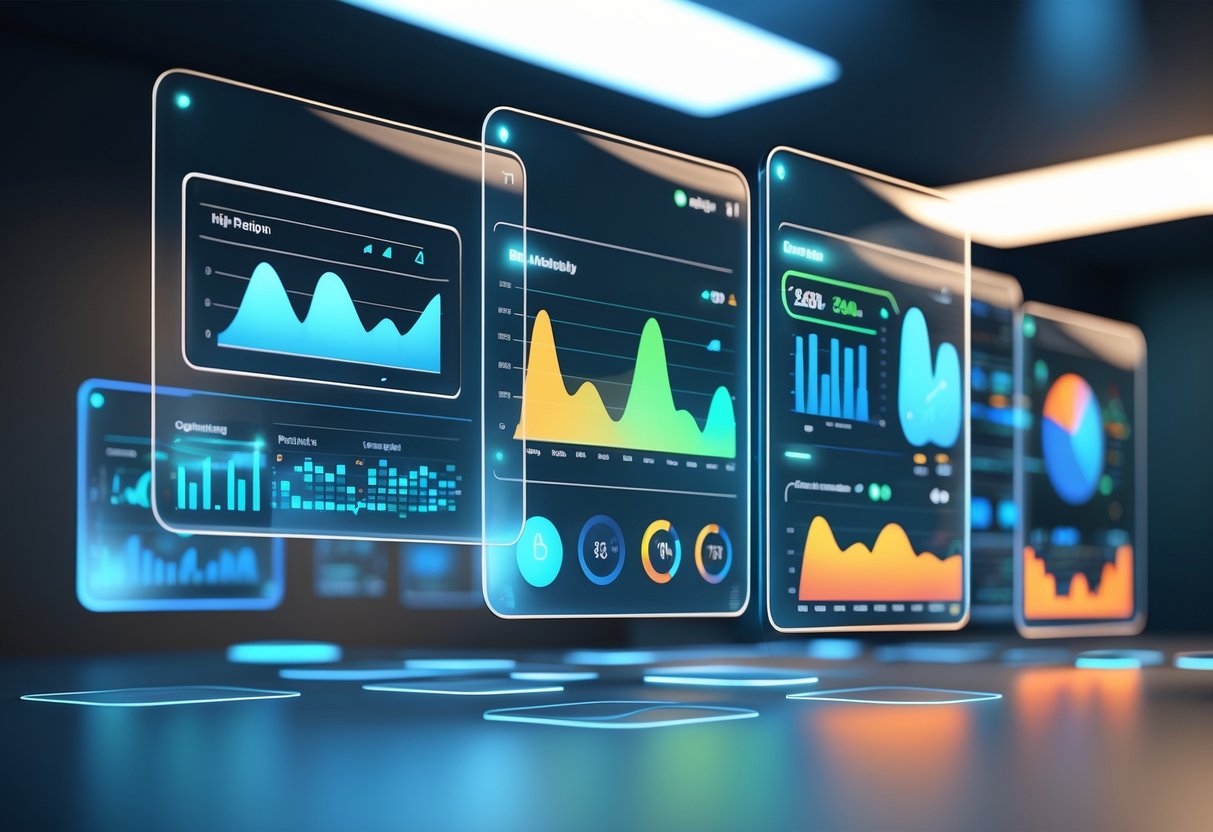 A 3D scene showing floating translucent holographic panels with colourful graphs and charts in a dark environment.