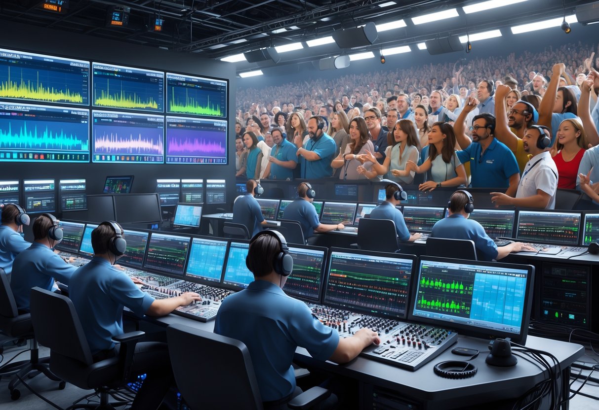A broadcasting control room with staff managing sound and video equipment while a large animated crowd is shown in the background representing noisy debate.
