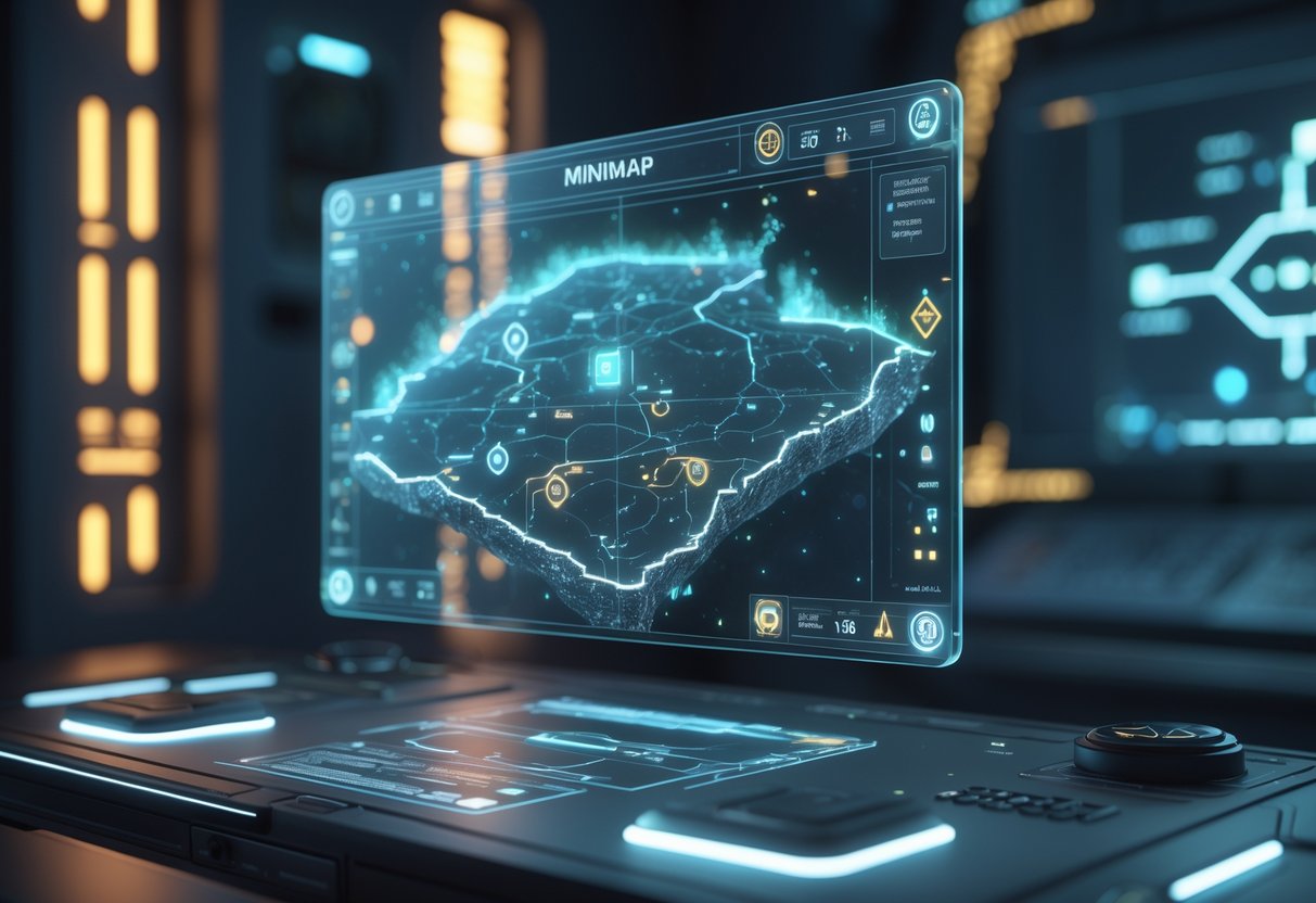 A holographic minimap floating above a control console showing a complex terrain with icons and blurred areas, set in a dimly lit command centre.