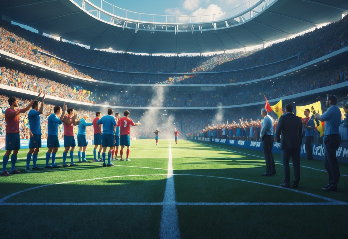 A crowded sports stadium showing players on the field and coaches on the sidelines reacting to the lively crowd during a match.