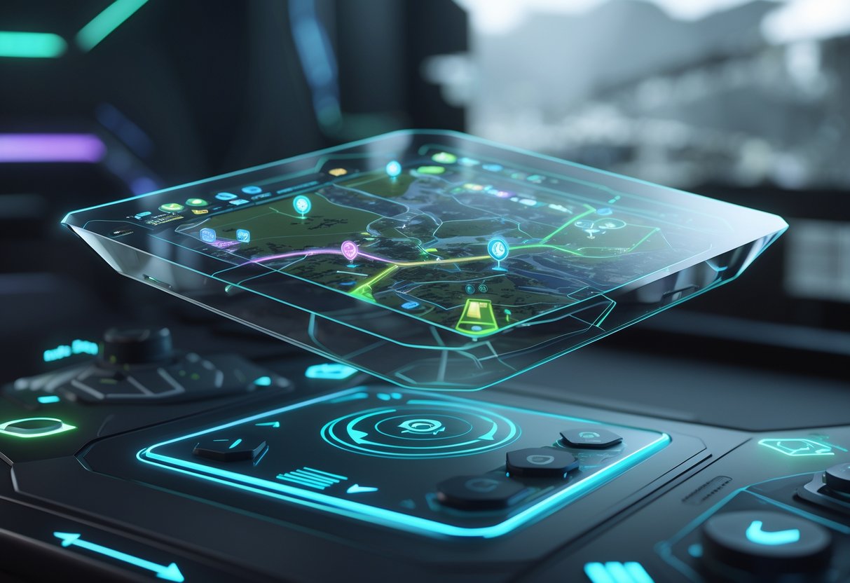 A 3D scene showing a futuristic holographic minimap above a control panel with icons and navigation markers, set against a blurred virtual battlefield background.