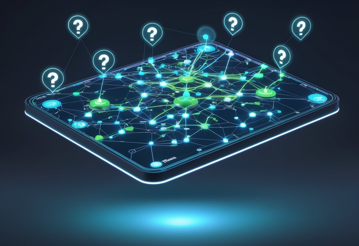 A 3D floating minimap with glowing nodes and pathways representing important points, surrounded by holographic icons in a dark background.