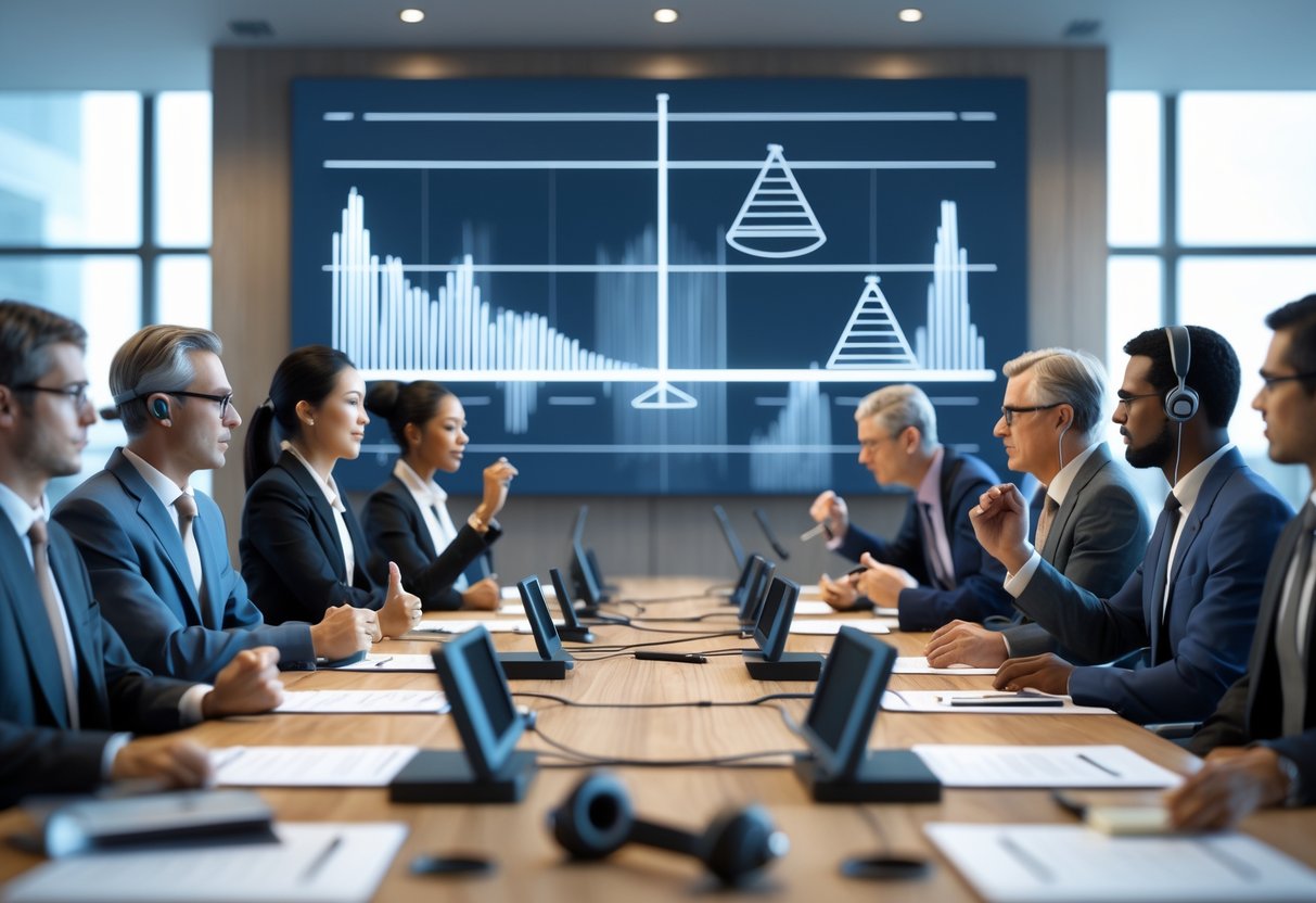 A group of professionals seated around a conference table engaged in a discussion about crowd noise and legal regulations.