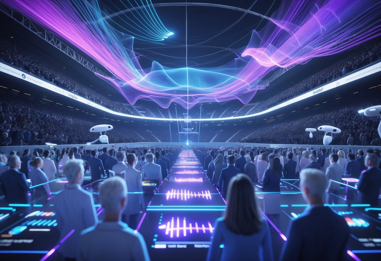 A futuristic stadium filled with a holographic crowd emitting colourful sound waves, surrounded by floating digital displays and drones capturing crowd noise.