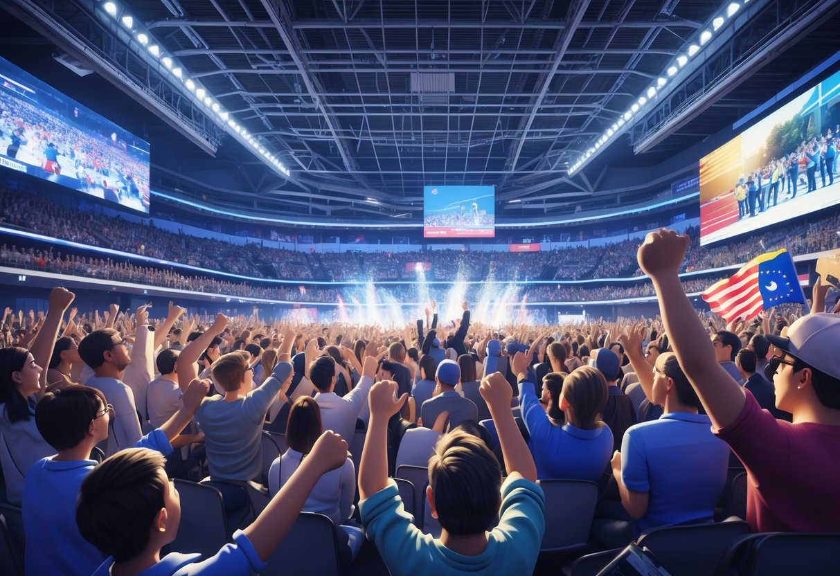 A large crowd cheering at a concert, a political rally, and an esports event happening simultaneously in a stadium and nearby venues.