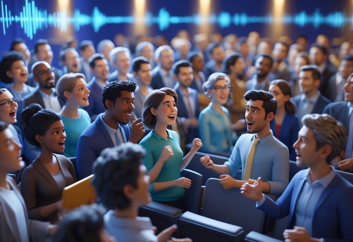 A group of people in an auditorium actively debating with animated expressions and gestures, showing a lively and noisy discussion.
