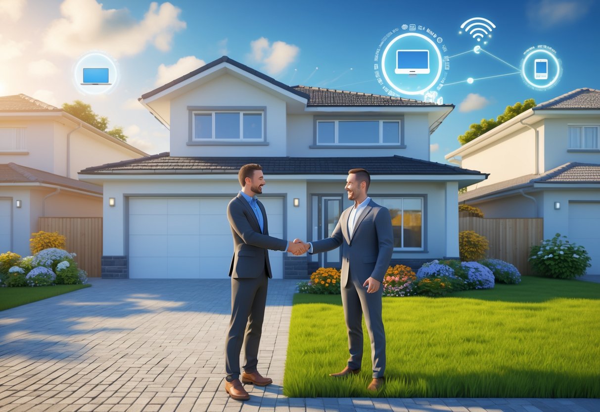 A modern suburban house with a garden and driveway, a home seller shaking hands with a real estate agent, with digital icons representing online connectivity floating nearby.