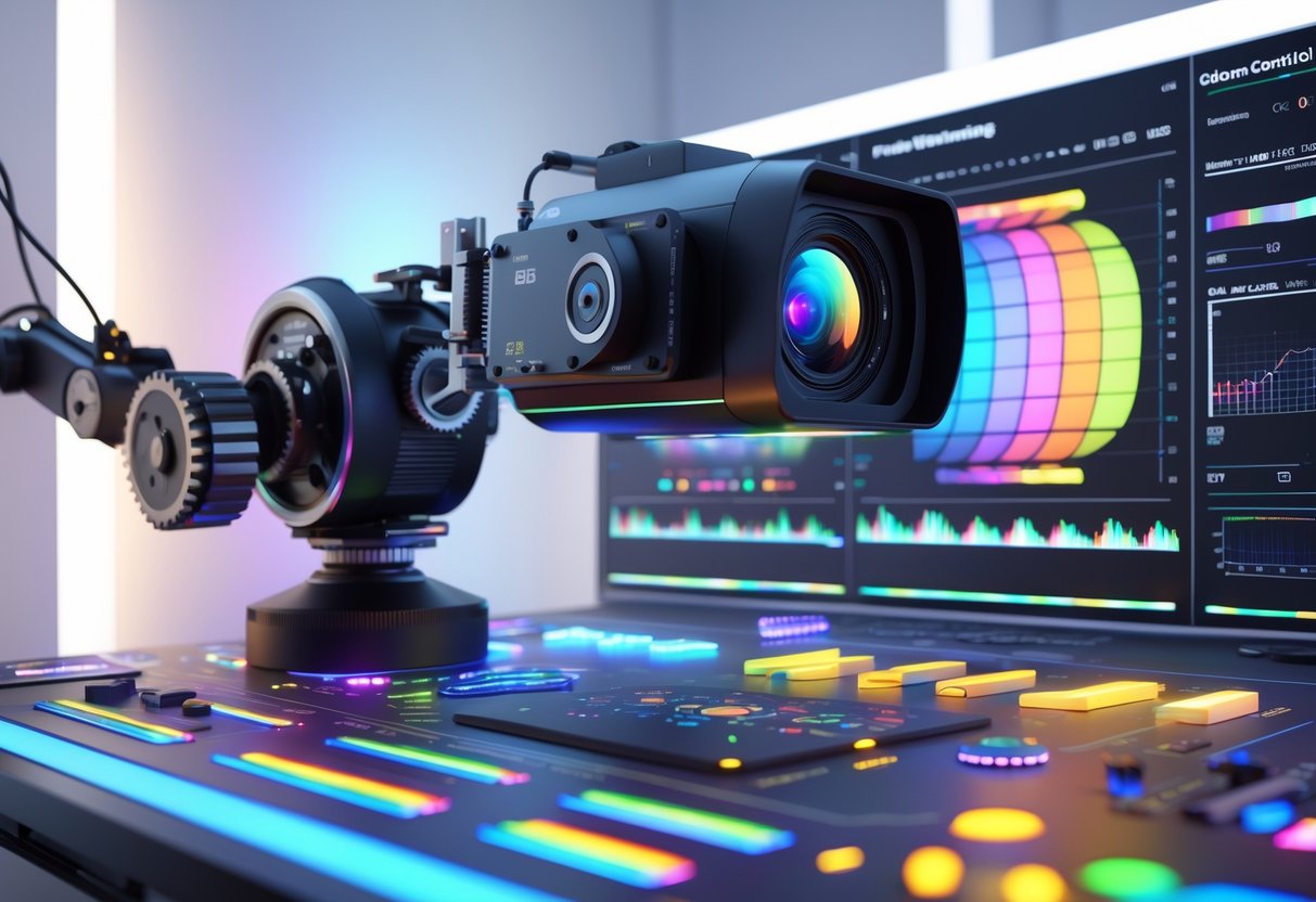 A 3D scene showing a caster camera on a robotic arm with colourful RGB lighting and a control panel displaying colour calibration tools.