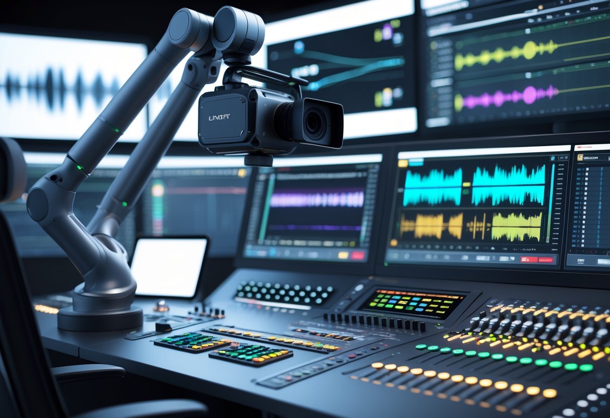A broadcast control room with a robotic caster camera being controlled by a panel showing audio and video equipment.