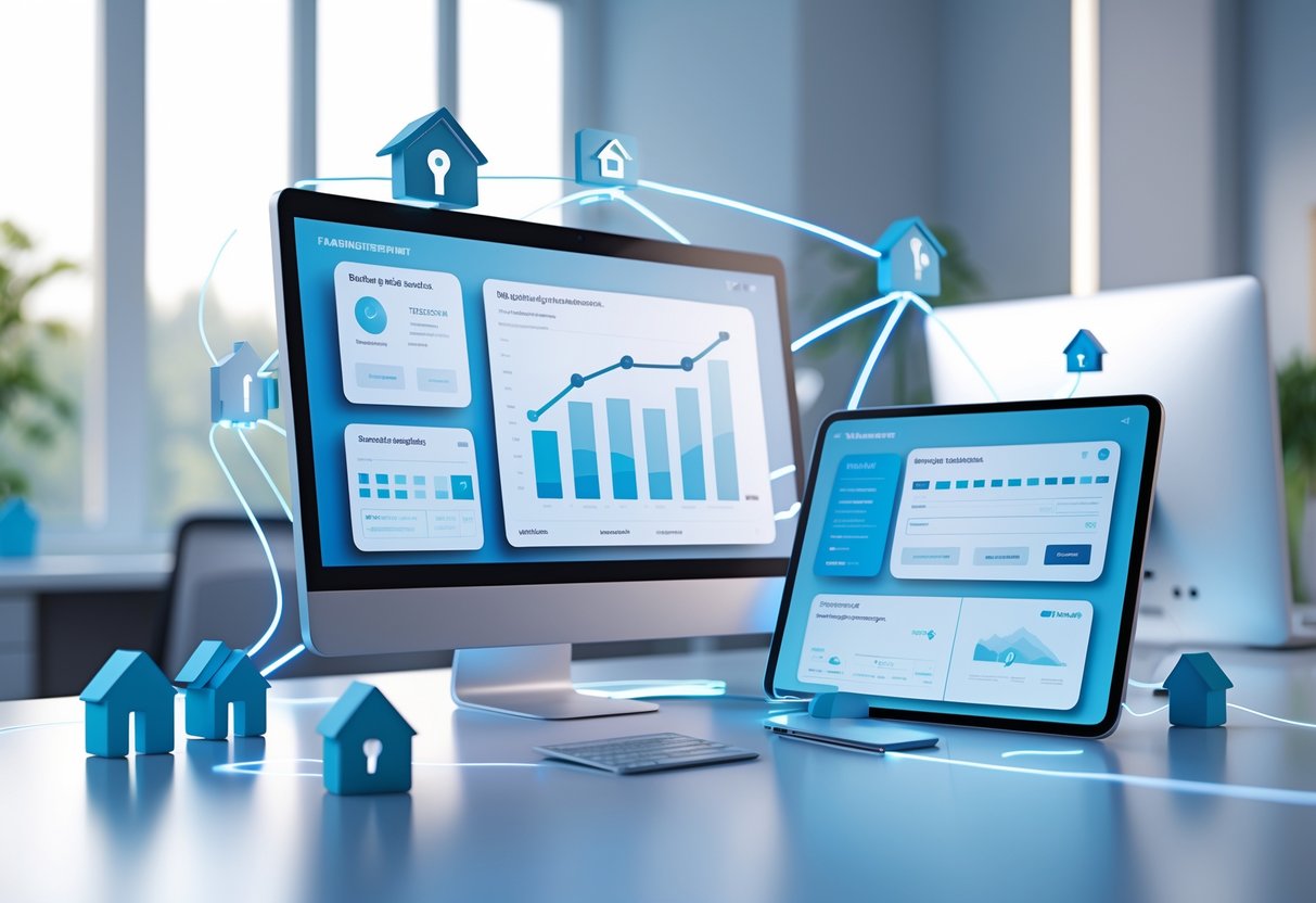 A digital workspace showing devices with financial dashboards and icons representing homes, keys, documents, and currency connected by glowing lines.