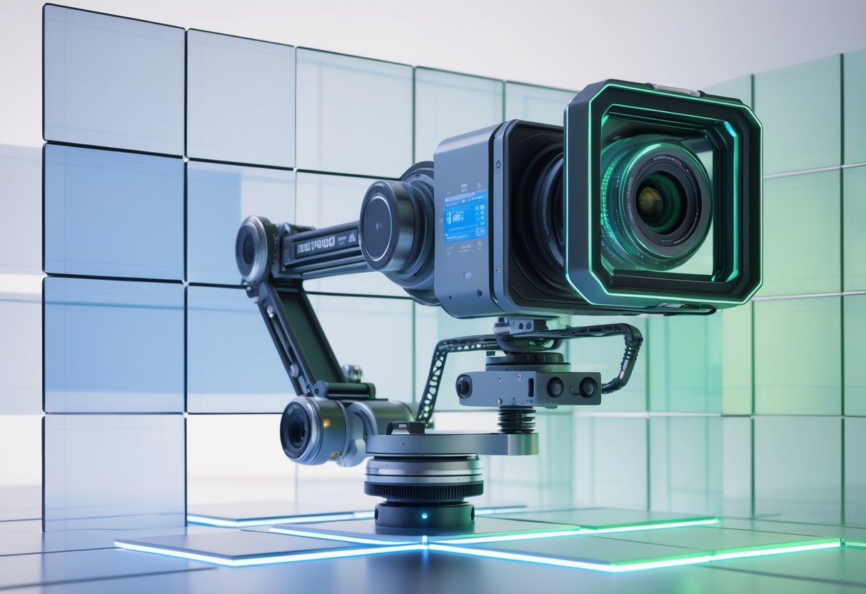 A 3D rendering of a high-tech camera rig with mechanical arms and glowing tiled grids around it, illustrating advanced camera control and tiled rendering.