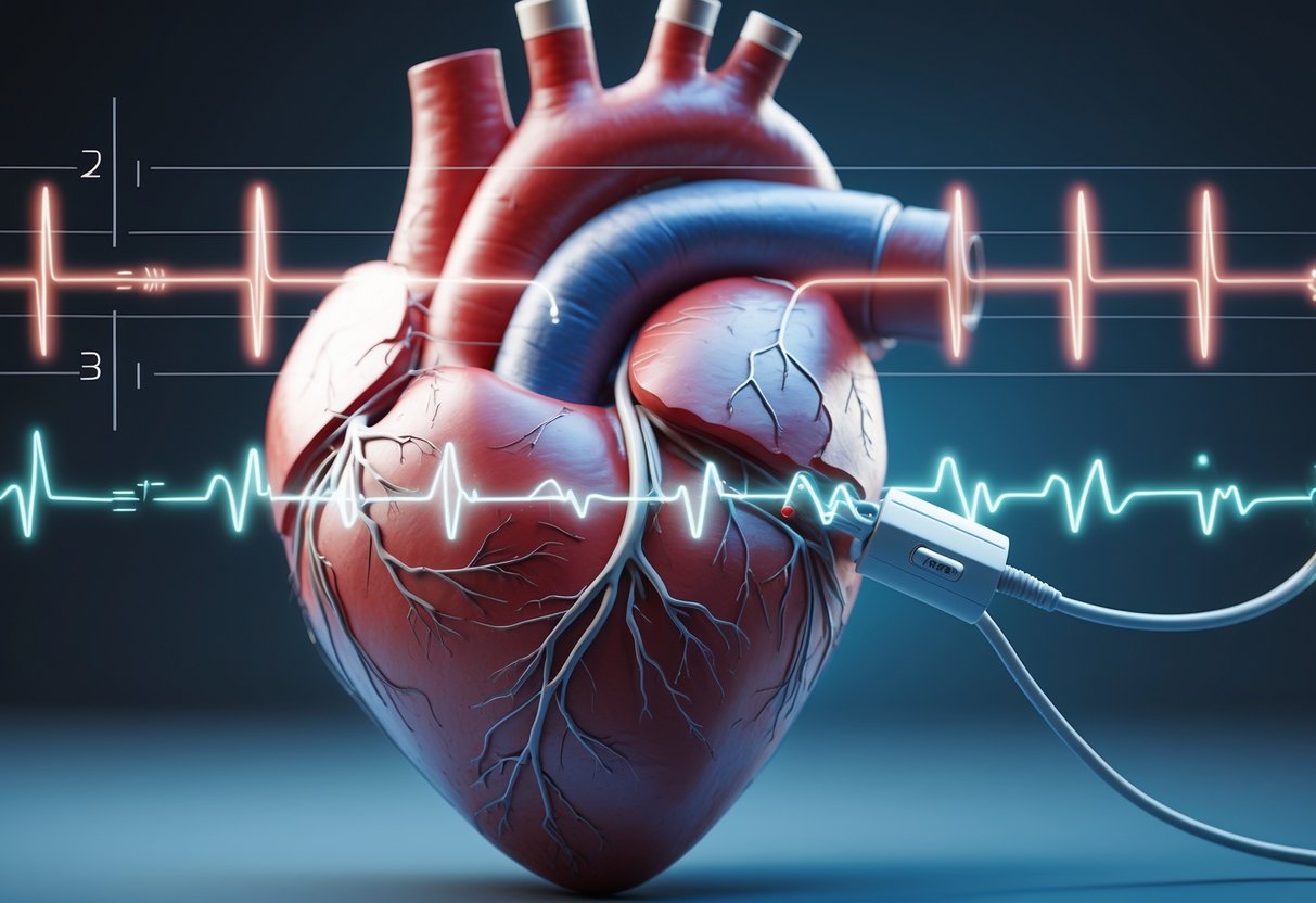 3D rendering of a human heart with highlighted damaged areas and a cardiac pacing lead, alongside a translucent ECG waveform showing ST-segment changes.