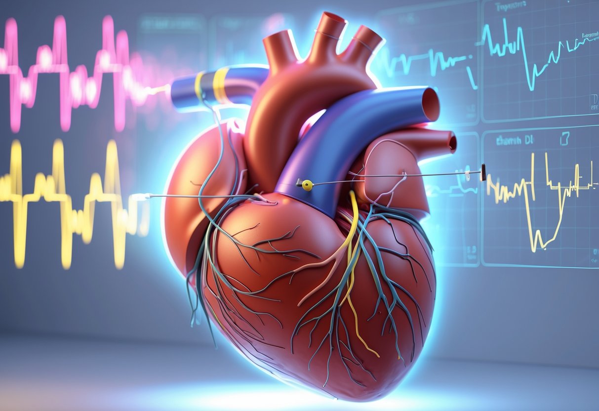 3D rendering of a human heart with a pacemaker lead and surrounding ECG waveforms highlighting abnormal ST segment changes.