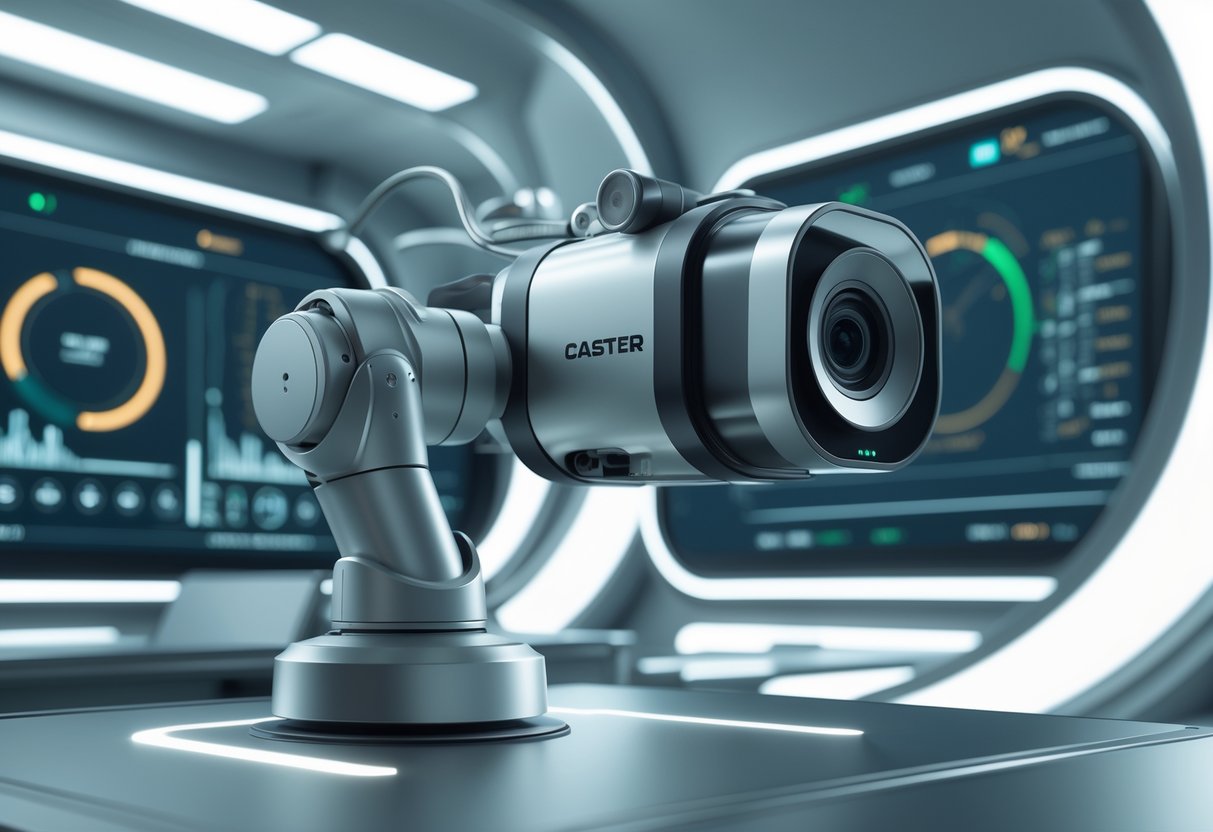 A 3D scene showing a robotic arm holding a caster camera with dynamic lighting effects in a futuristic control room.