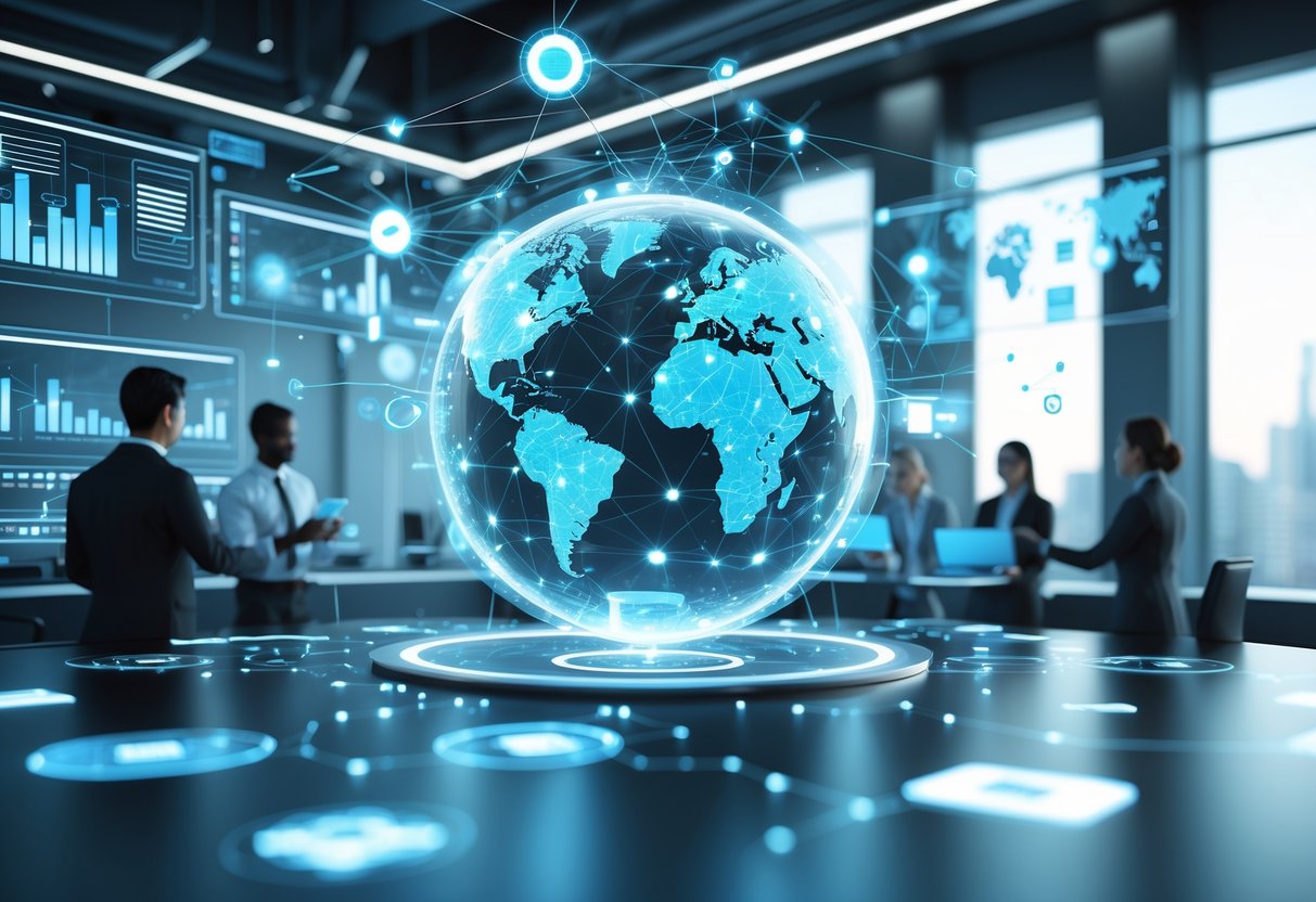 A digital workspace with holographic screens and a glowing globe showing interconnected data, with people interacting with virtual interfaces in a modern office.