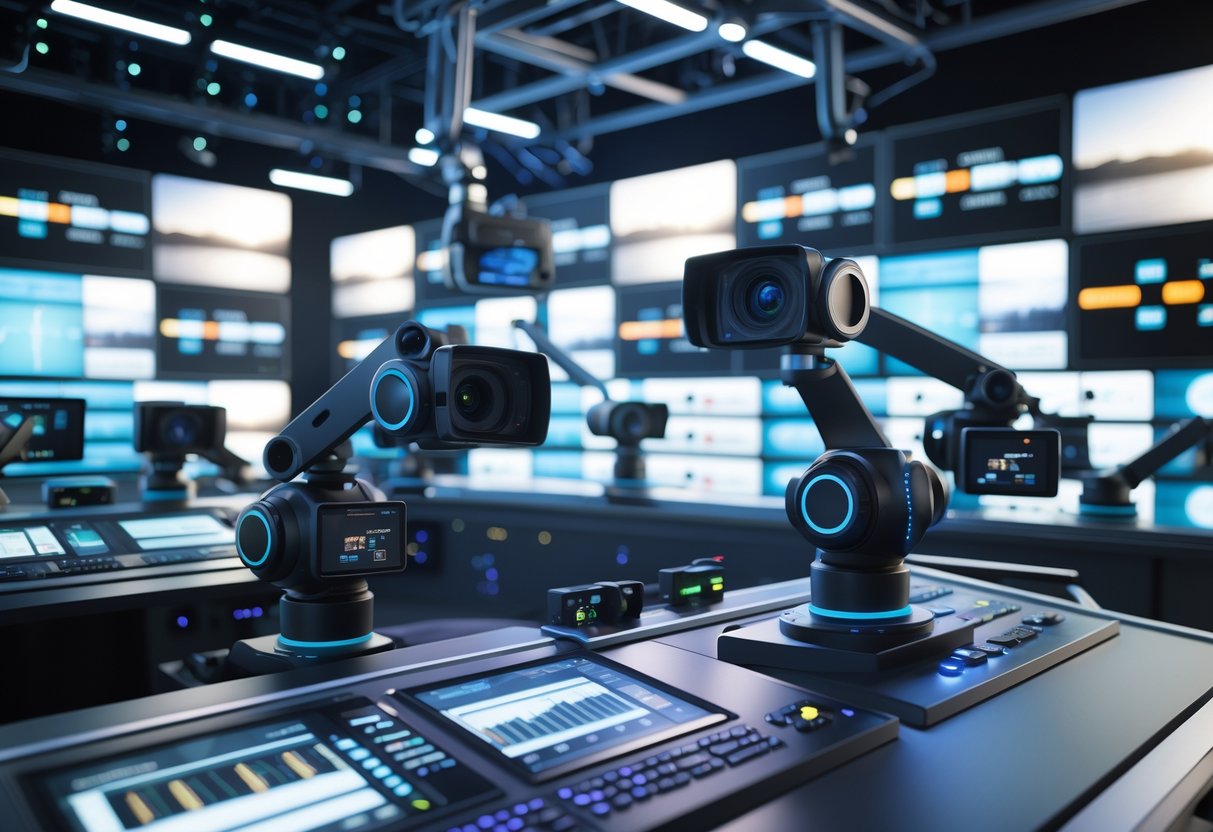 A broadcast control room with robotic caster cameras and multiple screens showing live video feeds and production tools.