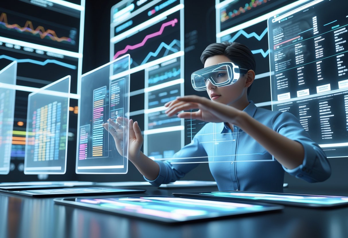 A person using augmented reality glasses interacts with floating holographic timelines and graphs in a futuristic control room, showing overlapping segments and data streams.