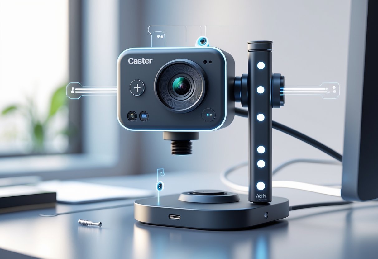 A 3D rendered caster camera control device mounted on an adjustable arm, shown in a clean workspace with visible mounting hardware and control buttons.