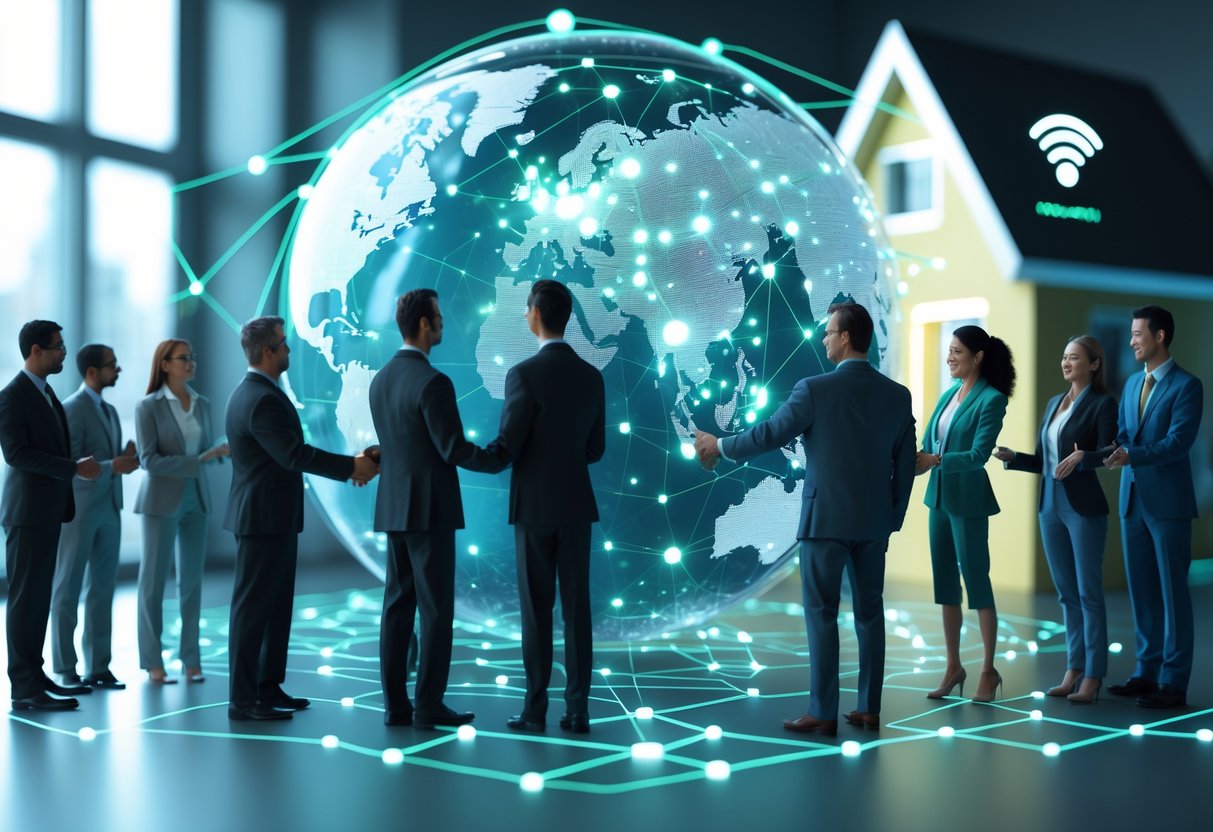 A 3D scene showing a globe with connected points across the United States, businesspeople shaking hands, and a home with a Wi-Fi symbol, representing partnerships and nationwide online reach.